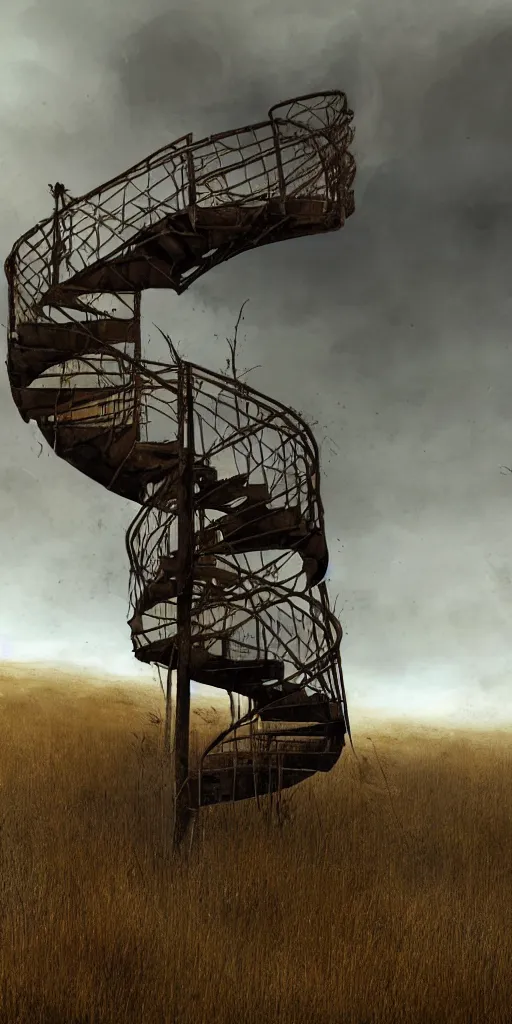 Prompt: rusty broken building constructions of a giant spiral upside - down staircase for multiple cases, leading to the sky, the ruins, in the steppe, autumn field, misty background, from the game pathologic 2, highly detailed, sharp focus, matte painting, by isaac levitan and asher brown durand,