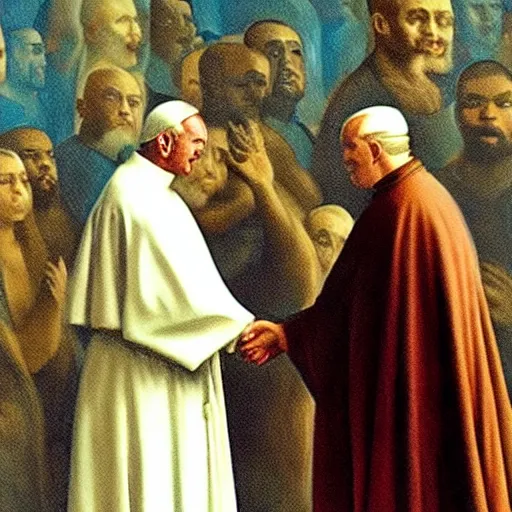 Image similar to a religious painting of john paul ii shaking hands with kanye west