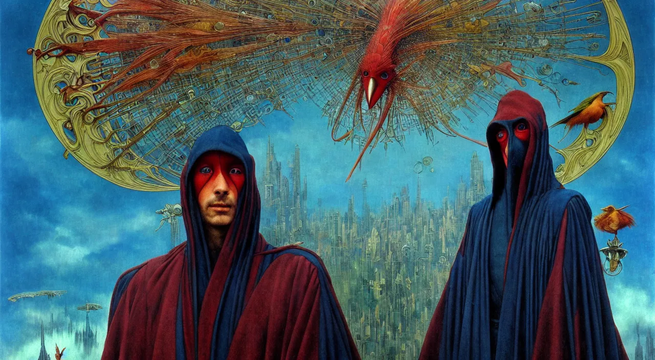 Image similar to realistic detailed portrait movie shot of a birdman wearing dark robes, sci fi city landscape background by denis villeneuve, amano, yves tanguy, alphonse mucha, ernst haeckel, max ernst, roger dean, masterpiece, rich moody colours, blue eyes, occult