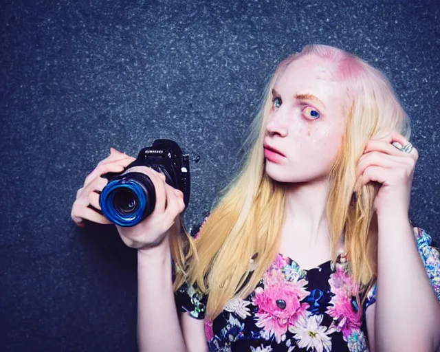 Image similar to pale young woman with bright blonde hair, freckles, blue eyes and a wide face, flowery dress, she is holding a professional dslr camera close to her face, dramatic lighting, bright flare, surreal art by anna nikonova