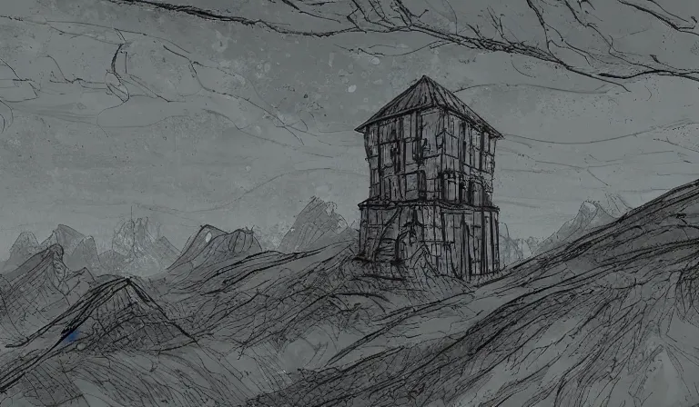 Prompt: A serene landscape with a singular building in the style of grimdark