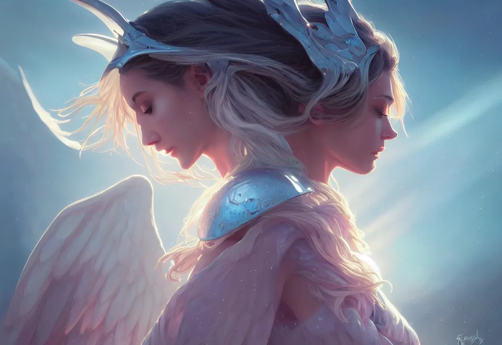 Image similar to one angel, big wings, low key light, full plate armor with cloth, f 1 6, bokeh, extreme close up portrait, gentle, female, mountain, storm, god rays, landscape, d & d, fantasy, elegant, teal pink white gold color palette, concept art, artgerm and greg rutkowski and alphonse mucha