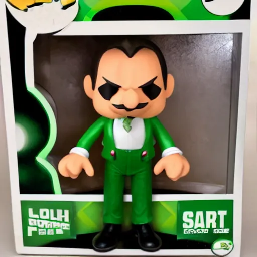 Image similar to Luigi wearing suit, as a Pop Funco Figure,
