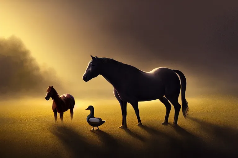 Image similar to a horse the size of a duck, stood next to a duck the size of a horse, evening light, cinematic photography, digital painting, volumetric light, concept art, trending on artstation, digital Art, fantasy art