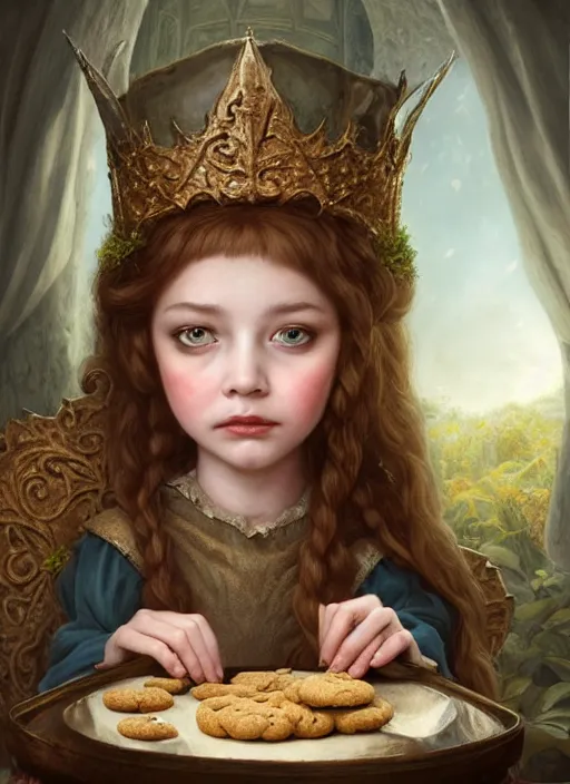 Image similar to highly detailed closeup portrait of a fairytale medieval princess eating cookies, unreal engine, nicoletta ceccoli, mark ryden, lostfish, earl norem, global illumination, god rays, detailed and intricate environment