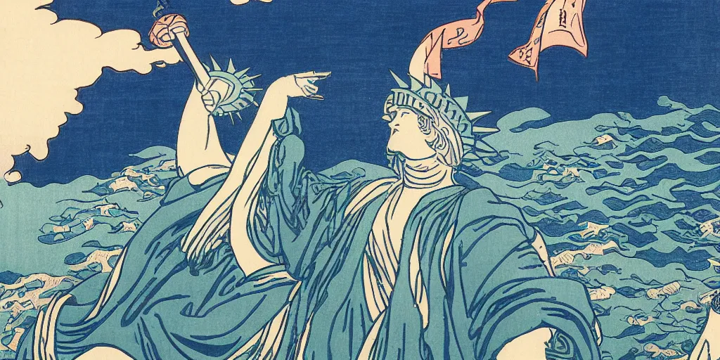 Image similar to i, Statue of liberty by Hokusai