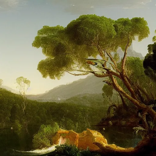 Prompt: a highly detailed painting of the australian bush by thomas cole