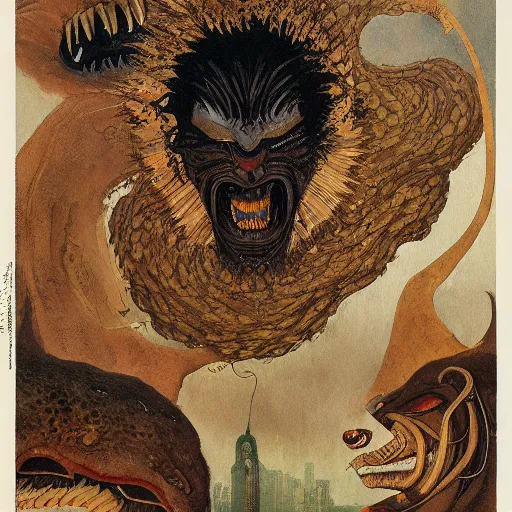 Image similar to demiurge head face eyes fangs serpent serpent python wearing a lion costume furry ears neck neck tall long viper tombow peter doig greg rutkowski giorgio de chirico arsen savadov dan witz vik muniz