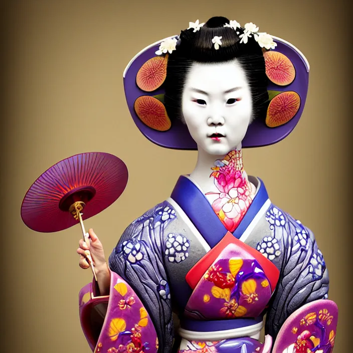 Image similar to ceramic cyborg geisha, ceramic armor with Kakiemon design with plums and stylized flowers in glaze and gilding, diffuse lighting, fantasy, intricate, elegant, highly detailed, lifelike, photorealistic, digital painting, artstation, illustration, concept art, smooth, sharp focus, art by John Collier and Albert Aublet and Krenz Cushart and Artem Demura and Alphonse Mucha