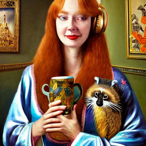 Image similar to a stunning hyper-detailed photorealistic painting of one slender beautiful smiling woman with long ginger hair and bangs, wearing a luxurious silk robe, wearing headphones and posing with her large ginger tabby cat and her raccoon and parrots in an overstuffed easy chair in her sunlit victorian living room, holding a porcelain parrot-shaped coffee mug and a donut, perfect eyes, fashion photography, cinematic lighting, octane render, IBEX Masters, unreal engine, 85 mm lens