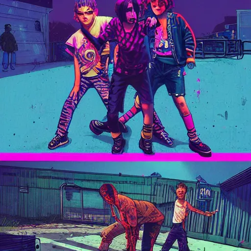 Image similar to young punk rockers fighting against zombies at the playground, by baseball bat in the retro wave stranger things style, neon colors, hyper detailed, digital art, cinematic lighting, concept art by artgerm and greg rutkowski and caravaggio and moebius and jakub rebelka, 8 k