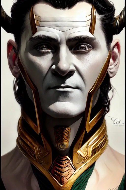 Image similar to symmetry!! portrait of loki in the style of god of war, machine parts embedded into face, intricate, elegant, highly detailed, digital painting, artstation, concept art, smooth, sharp focus, illustration, art by artgerm and greg rutkowski and alphonse mucha, 8 k