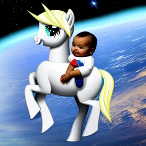 Image similar to a pony like a baby sits on the back of a large astronaut who is on all fours