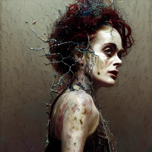 Image similar to expressive oil painting, of helena bonham carter mixed with sigourney weaver, bumpy mottled skin full of blood and scars, ornate headpiece made from crystals, cables and wires, body horror, by yoshitaka amano, by greg rutkowski, by jeremyg lipkinng, by artgerm, digital art, octane render