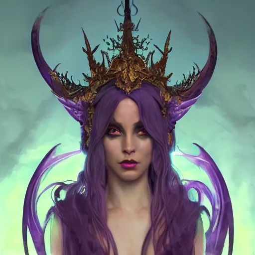 Image similar to an extremely detailed matte painting of a demon queen in a resplendant and beautiful purple dress as a masquerade ball, epic fantasy, viewed in profile from far away, sharp focus, detailed face, art by greg rutkowski and alphonse mucha, volumetric lighting, 4 k resolution, artstation