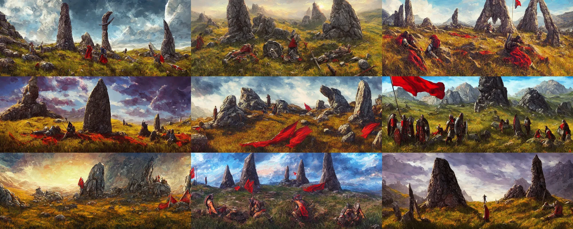 Prompt: meadow mountain landscape with a menhir in the foreground, medieval warriors wearing plate armor resting, red flag, by android jones