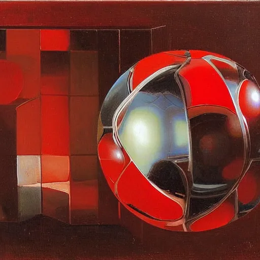 Prompt: chrome spheres on a red cube by vasily perov