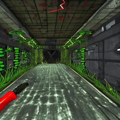 Image similar to screenshot of a first person shooter game, in an underground garden, shootout