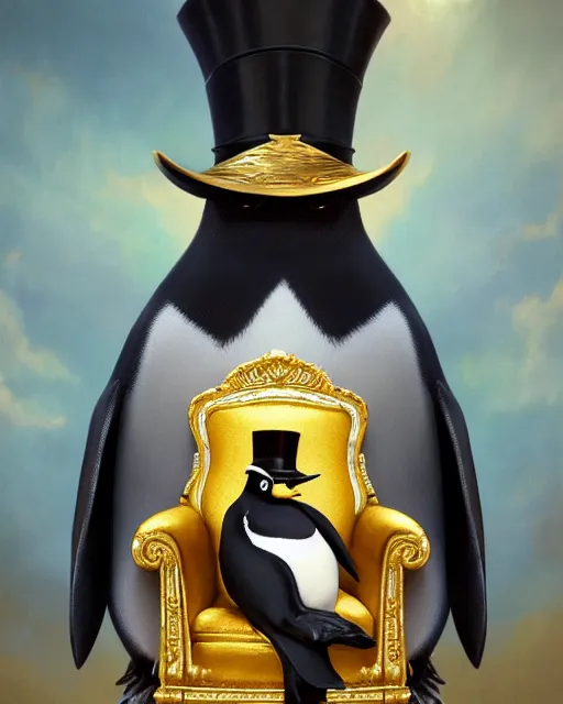 Image similar to oil painting of posh penguin wearing top hat sitting on golden throne, sharp focus, fantasy style, golden steampunk treasury backround, octane render, volumetric lighting, 8k high definition, by greg rutkowski, highly detailed, trending on art Station, magic the gathering artwork, centered