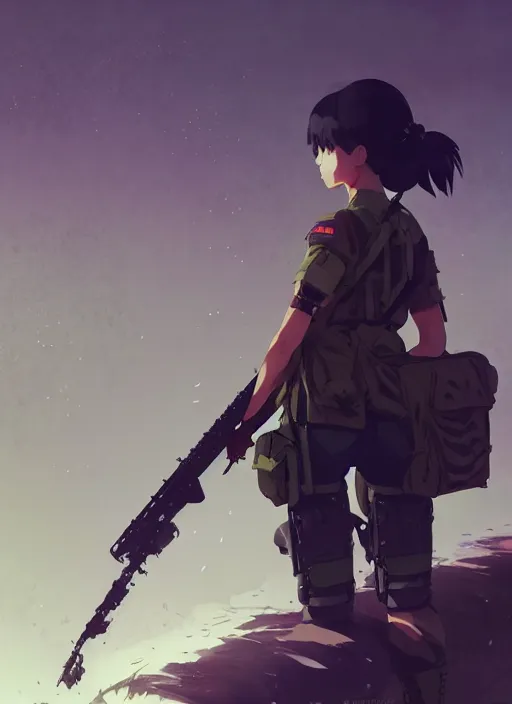 Prompt: portrait of soldier girl killing her enemy, black sky background lush landscape illustration concept art anime key visual trending pixiv fanbox by wlop and greg rutkowski and makoto shinkai and studio ghibli and kyoto animation soldier clothing military gear realistic anatomy mechanized