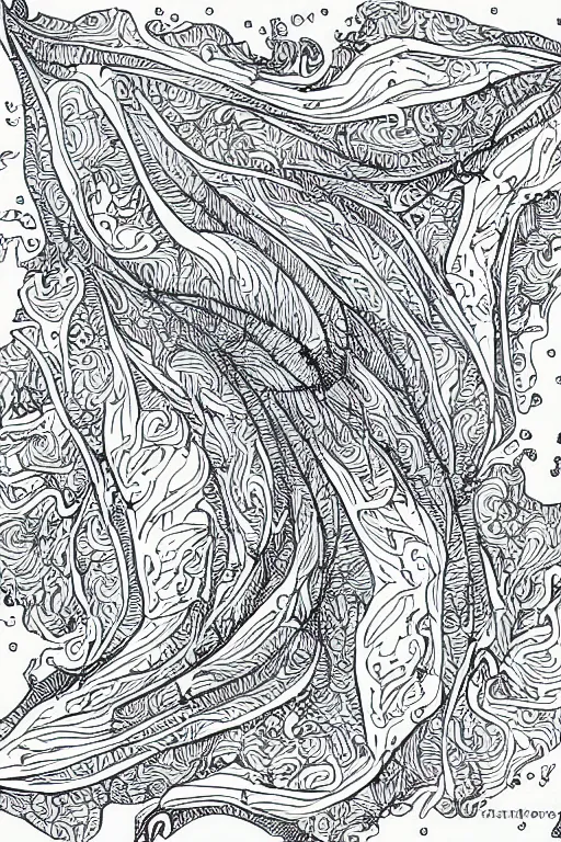 Image similar to dolphins, fractal, ink drawing, line art colouring page