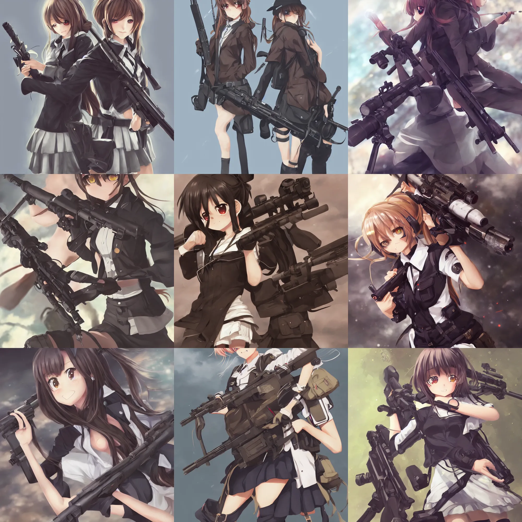 Image similar to anime, full body, cute, female, a cute girl wearing a school uniform and holding a sniper rifle, gorgeous lighting, highly detailed, digital painting, art station, sharp focus, high quality, frontal view, illustration, concept art, advanced digital anime art