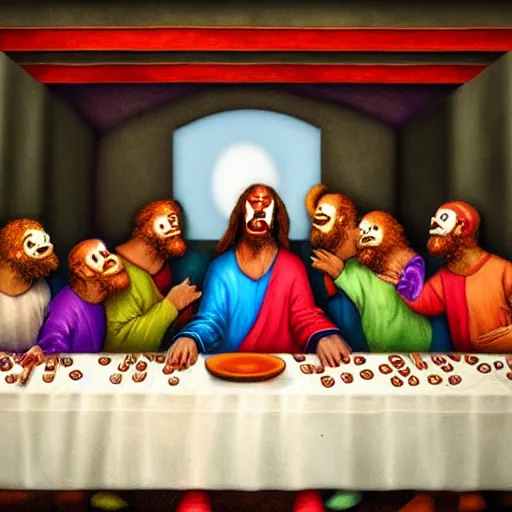 Image similar to last Supper of clowns, high quality, hyperdetalied,artstation,8K,