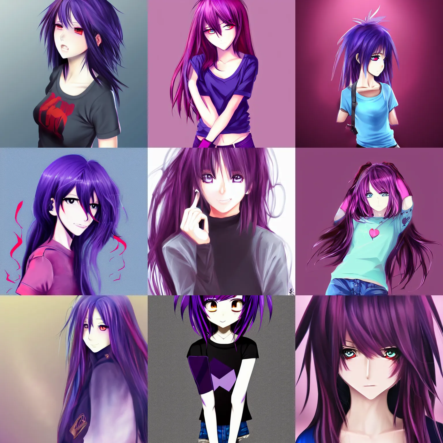 Prompt: anime girl with purple hair, red eyes, black t-shirt, blue jeans, pixiv anime digital art