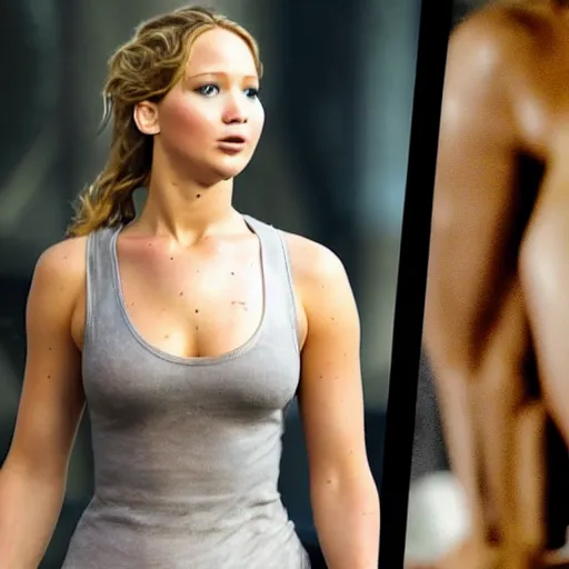 Image similar to first photos of 2 0 2 4 female 3 0 0 remake - jennifer lawrence as leonidas, put on 1 0 0 pounds of muscle, steroids, hgh, ( eos 5 ds r, iso 1 0 0, f / 8, 1 / 1 2 5, 8 4 mm, postprocessed, crisp face, facial features )