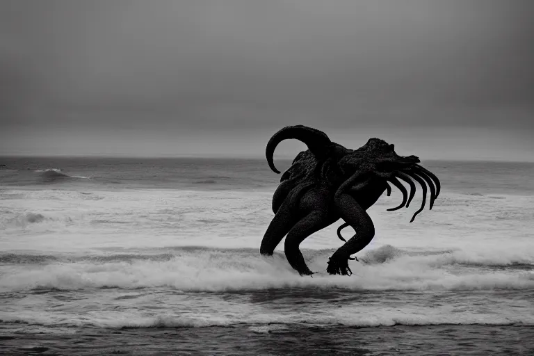 Image similar to cthulhu riding out of the ocean in Malibu morning natural light by Emmanuel Lubezki