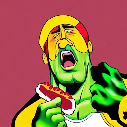 Prompt: hulk hogan eating a hot dog and ketchup and mustard are dribbling down his chin, hyper realistic, 8k