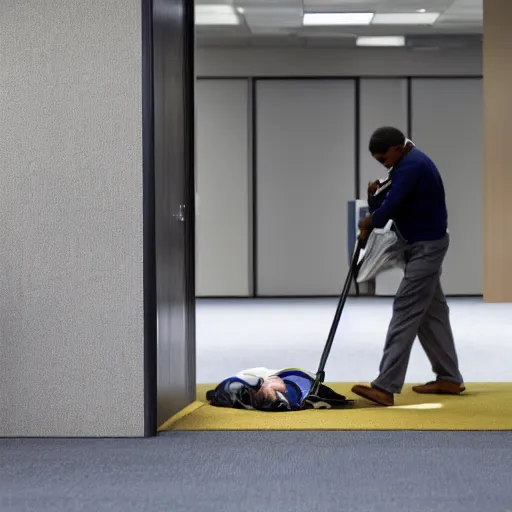 Prompt: A man going into his private office in the morning to find a janitor lying on his desk sound asleep