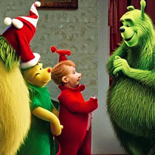 Image similar to winnie the pooh as the grinchfrom, winnie the pooh cast as the grinch