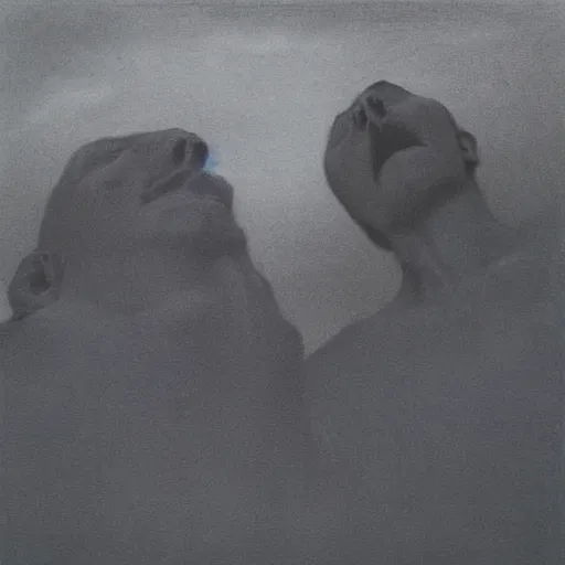 Prompt: “ close up of two men looking up the sky. the sky is totally black. art by zdzisław beksinski ” — w 1 9 2 0 — steps 4 8