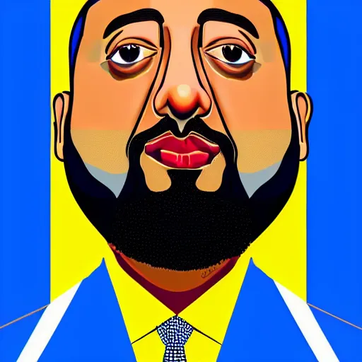 Image similar to ultra realistic portrait of dj khaled in a studio, ultra detailed, under blue, red and yellow cinematic lighting, salvador dali, cartoon, monument valley, escher