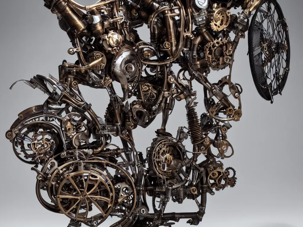 Image similar to a steampunk superbike with intricate engine mechanical parts, product photography,