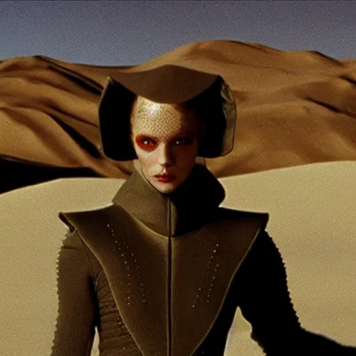 Prompt: avant - garde fashion model, still from movie dune, highly detailed