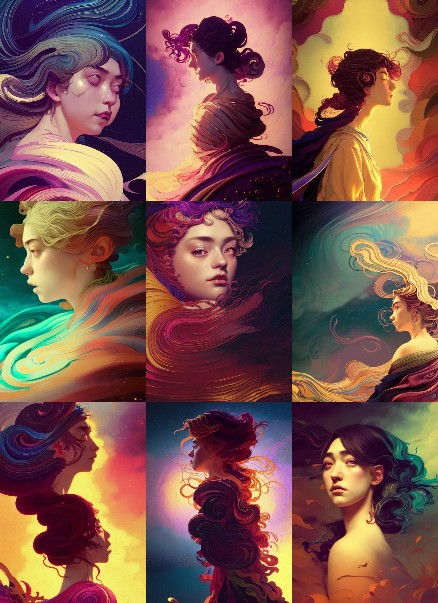 Prompt: side portrait, baroque oil painting, imogen poots, paladin, gloomhaven, octane render, colorful swirly ripples,, gaudy colors, unreal engine, anime, tarot, art nouveau, illustration concept art, bokeh, by victo ngai, fanbox, greg rutkowski, makoto shinkai, mucha, studio ghibli