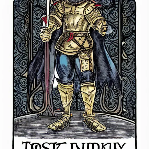Prompt: tarot card, full body, rooster wearing medieval suit of armor, dark fantasy comic book, art style by kevin siembieda, artstation!