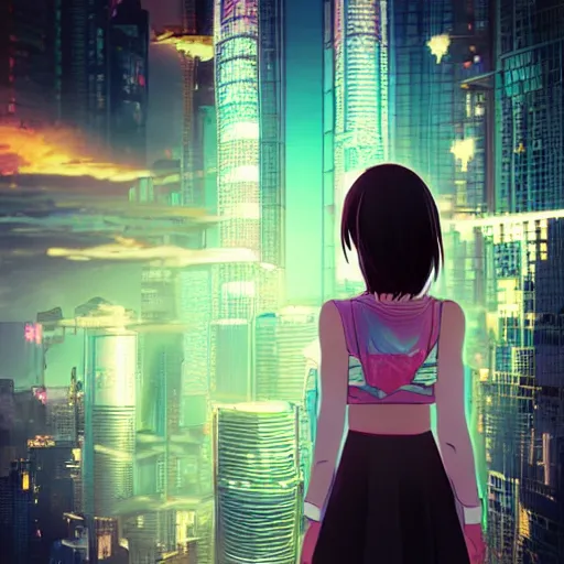 Prompt: “ anime girl in jumper looking over cyberpunk city”