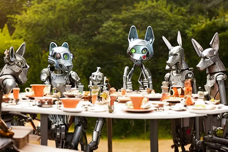 Image similar to film still from the movie chappie of the robot chappie shiny metal outdoor park plants garden scene bokeh depth of field several figures sitting down at a table having a delicious grand victorian tea party furry anthro anthropomorphic stylized cat ears wolf muzzle head android service droid robot machine fursona