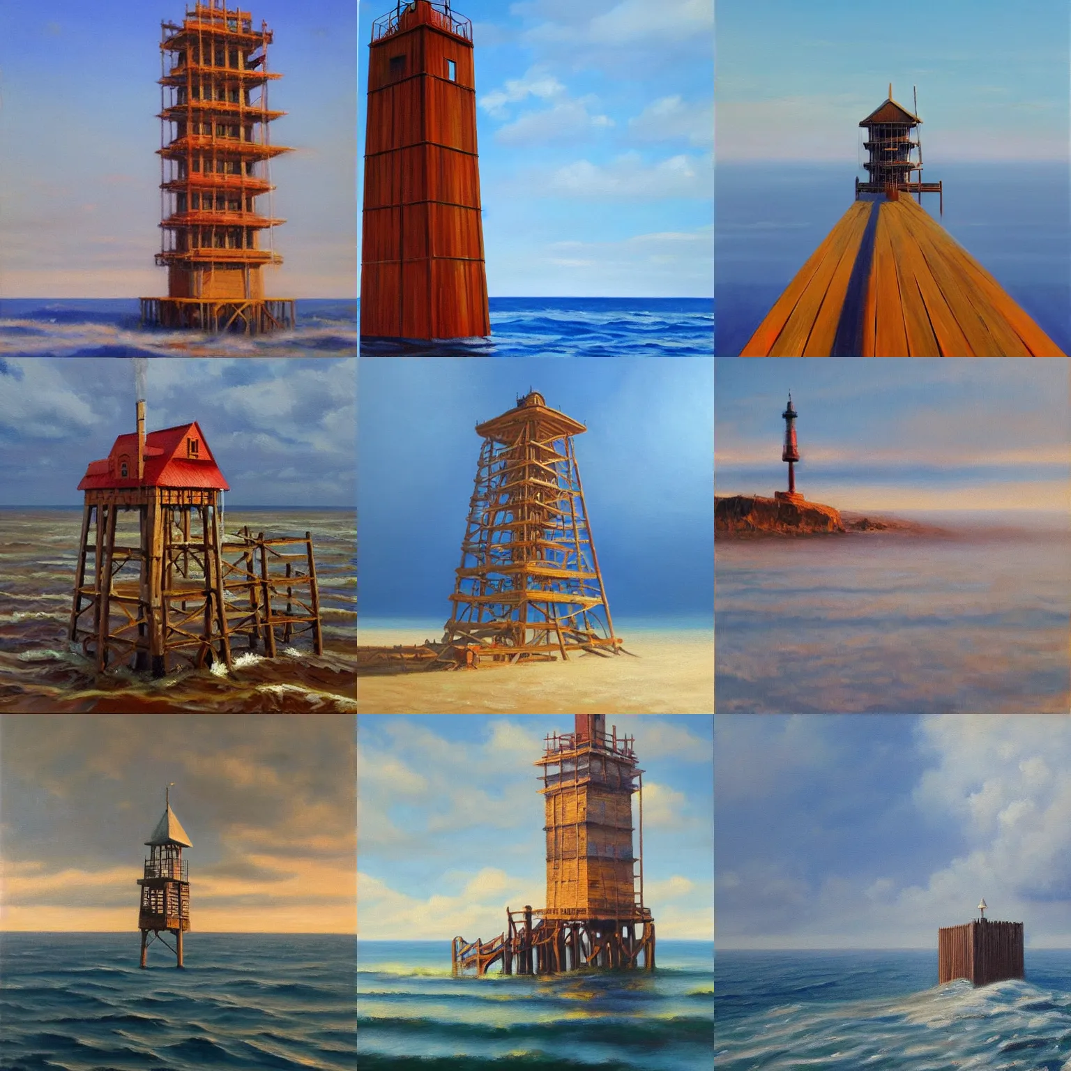 Prompt: beautiful oil painting of a wooden tower in the middle of the ocean at noon, blue sky, mist, masterpiece, by hal foster, trending on artstation,