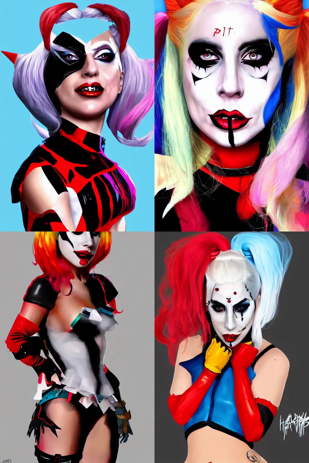 Prompt: Lady Gaga as Harley Quinn, digital art, trending on artstation