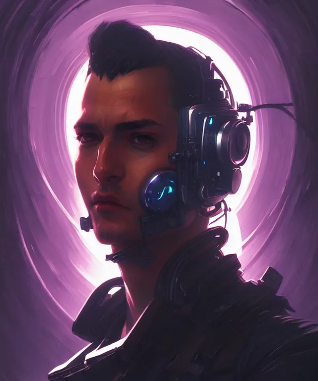 Image similar to Hacker cyberpunk man portrait, highly detailed, digital painting, artstation, concept art, smooth, sharp focus, illustration, art by artgerm and greg rutkowski and alphonse mucha