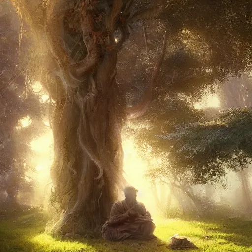 Image similar to a long beard sage worshipping under the tree of wisdom, magical world, by greg rutkowski, sung choi, photo realistic, 8 k, cinematic lighting, hd, atmospheric, hyperdetailed, trending on artstation, devainart, digital painting, glow effect