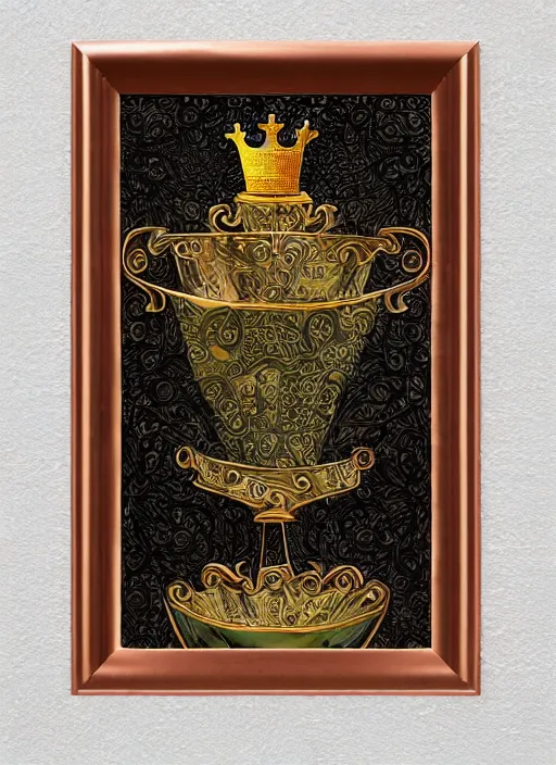 Image similar to sloth as the king of cups, copper cup, coper crown, poster framed, intricate details, medieval art style, high contrast, posterized