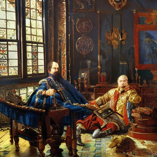 Prompt: russian tsar Peter The Great 18th century reinstalls windows 95 by vasnetsov and surikov serov, JEAN-VICTOR BERTIN, by Terence Cuneo, detailed, artfully traced, 4k resolution, cinematic, dramatic