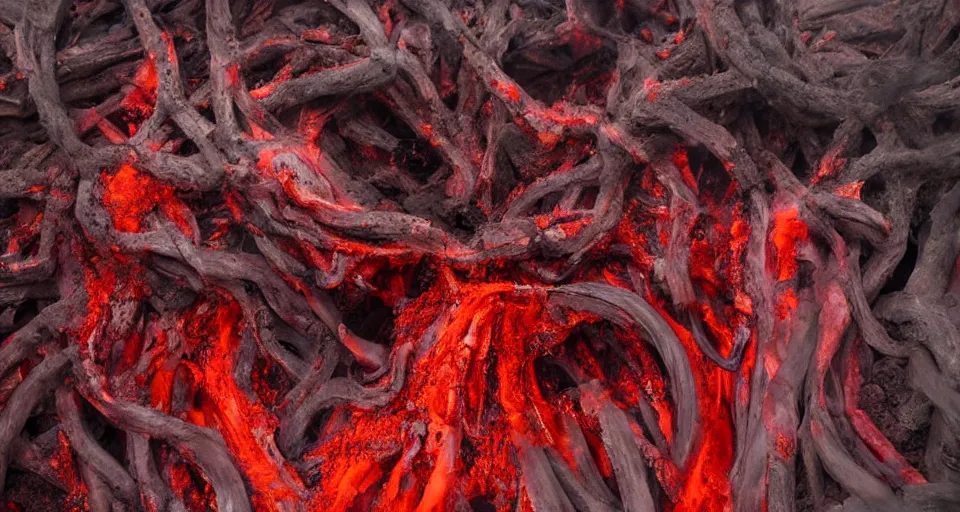 Image similar to a volcano made of ivory vines and crimson rocks enters in eruption, it spits a smoke in the shape of demonic eye, by Alyssa Monks