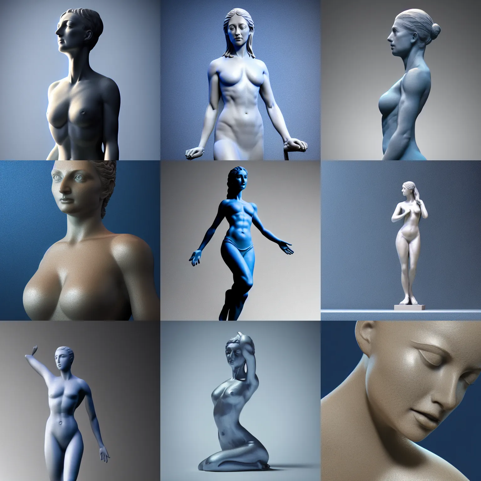 Prompt: statue of a perfect woman, sandstone, silver, blue steel ( desgined by apple ), studio photo, octane render, studio lights, macro lens