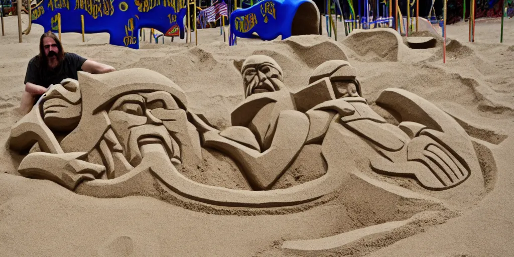 Image similar to high quality photograph of a masterfully crafted sand sculpture of a lemmy kilmister at the playground's sandbox